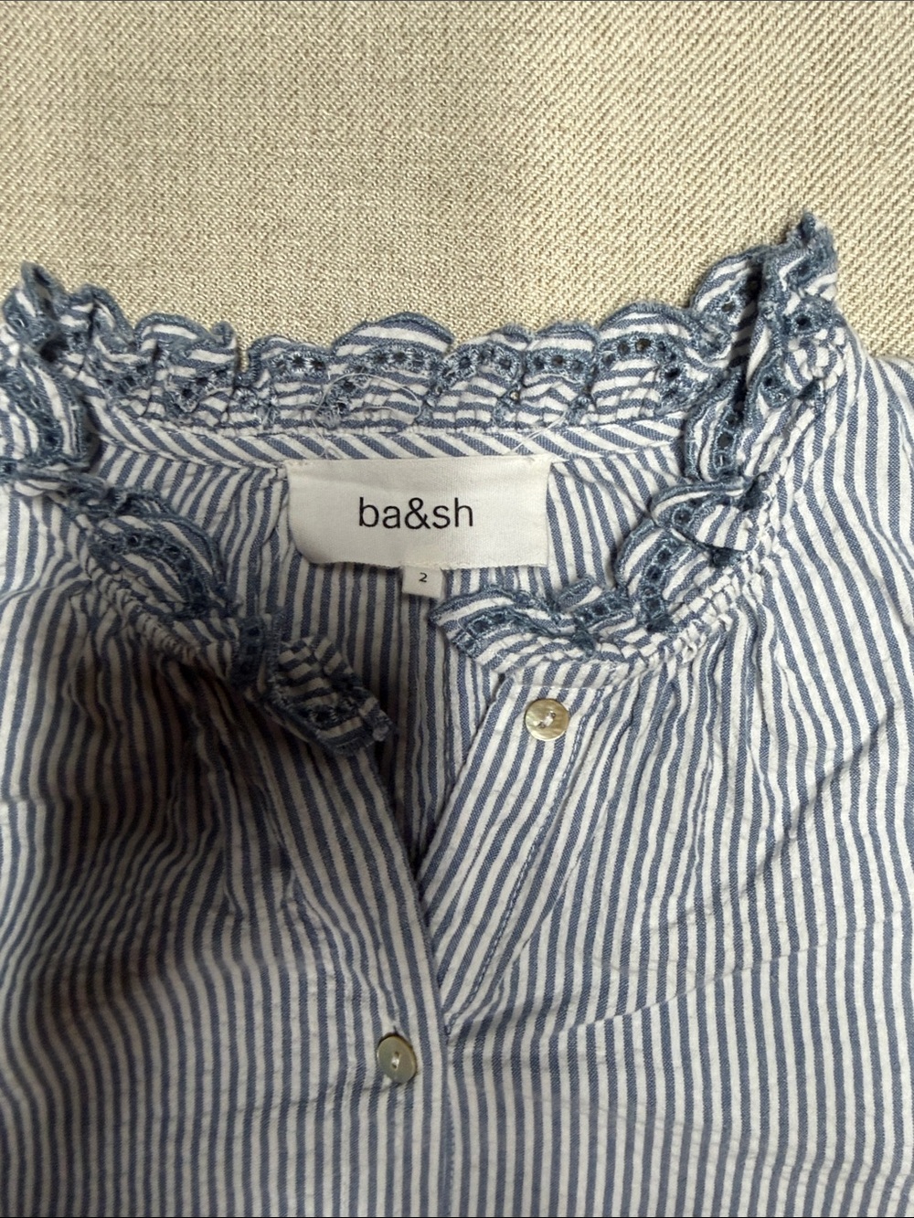ba&sh Blue & White Striped Ruffle-Neck Button-Down Shirt. 0120 - Picture 5 of 10